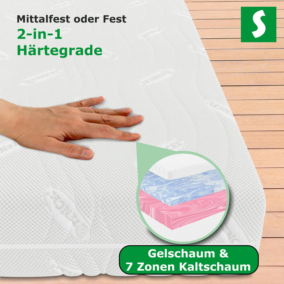 KALTSCHAUMMATRATZE 90x200 H2/H3 H2/H3 deLuxe 7 Zonen , Hybrid DUO - Weiß, Textil (90/200cm) - Schlaftroll