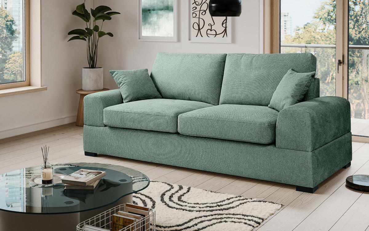 SOFA petrol Strukturstoff, Couch 3-Sitzer 221 cm mit Premium Kaltschaum - Petrol/Schwarz, Holz/Textil (221/90/93cm) - Inn.Furn