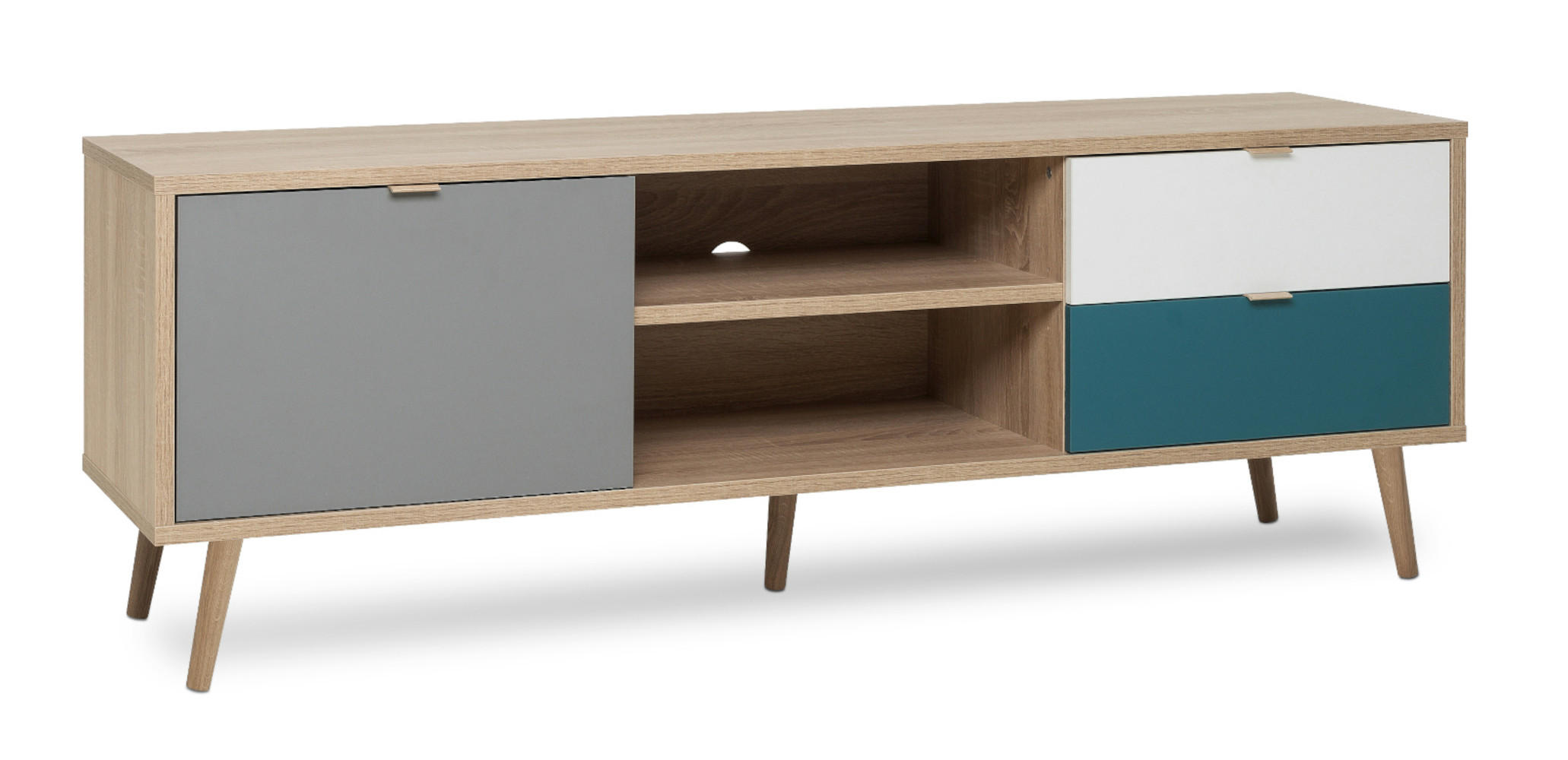 TV-LOWBOARD Eiche Sonoma, Petrol, weiß und grau, Fernsehtisch Tricolor skandinavisch - Eichefarben/Petrol, Holz/Holzwerkstoff (150/52/40cm) - Furn.Design