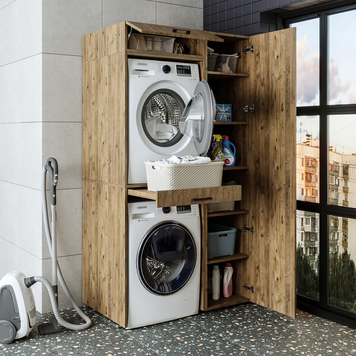 WASCHMASCHINENSCHRANK DUO-I 112cm Breit, 205cm Hoch - Eichefarben, Holzwerkstoff (112/205/67cm)