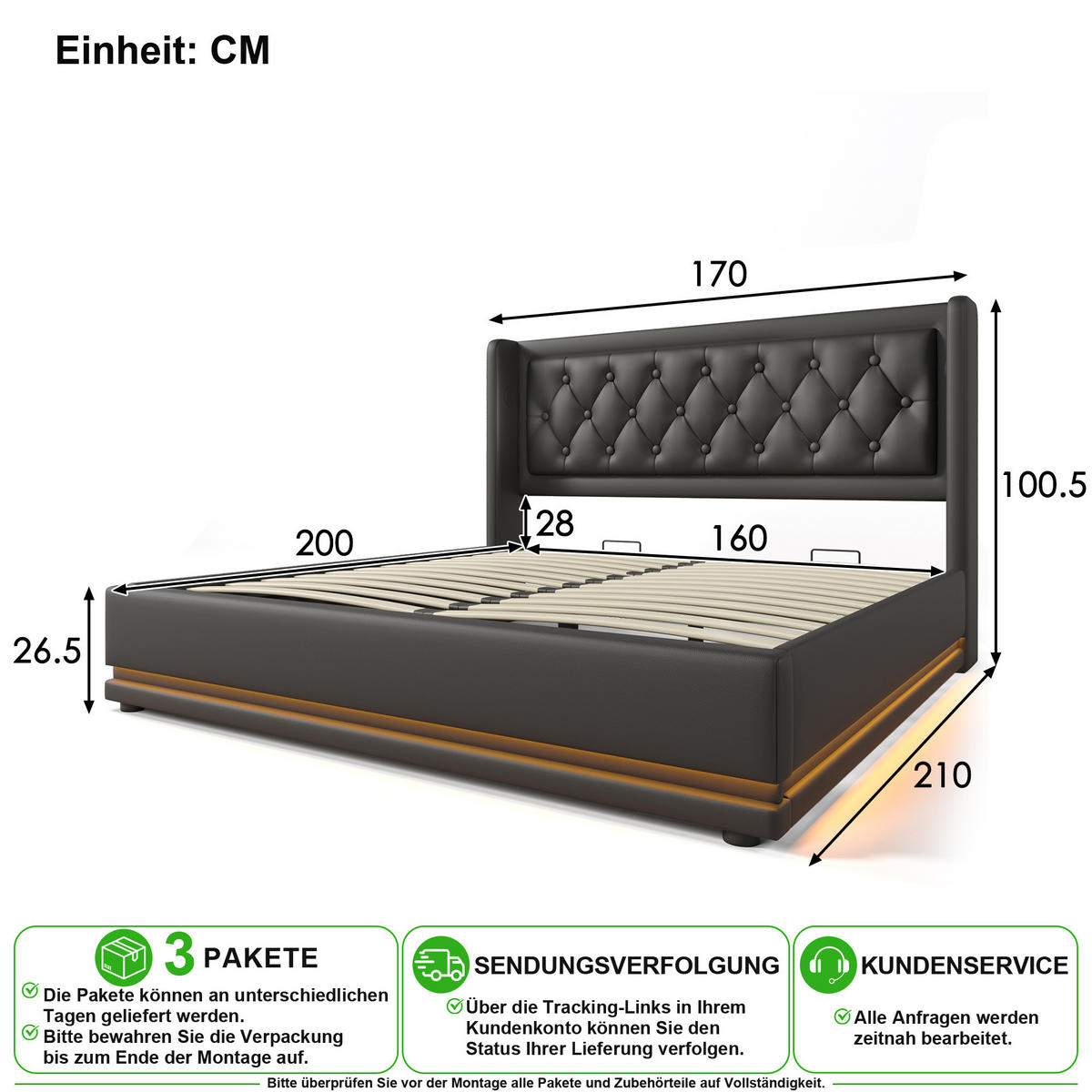 POLSTERBETT 160/200 cm in Schwarz mit Bettkasten, LED, USB und Matratze - Schwarz, Holzwerkstoff/Textil (160/200cm) - CHICFURN