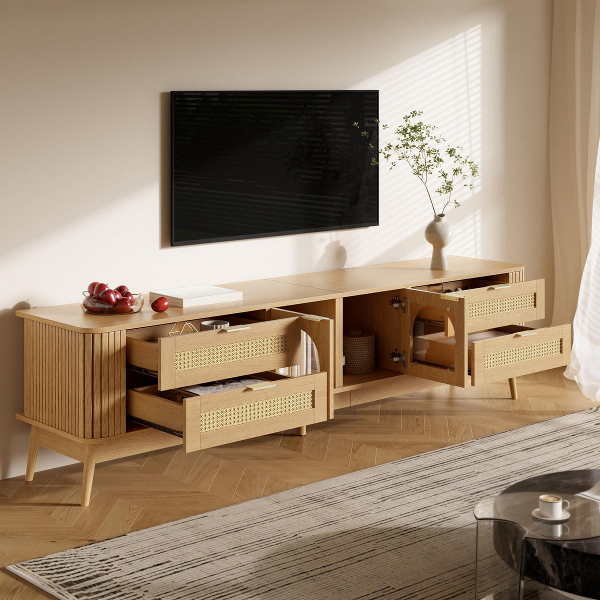 TV-SCHRANK LED Glas Türen Sideboard Massivholzbeine Modern - Naturfarben, Holzwerkstoff (180/50/40cm) - FLIEKS