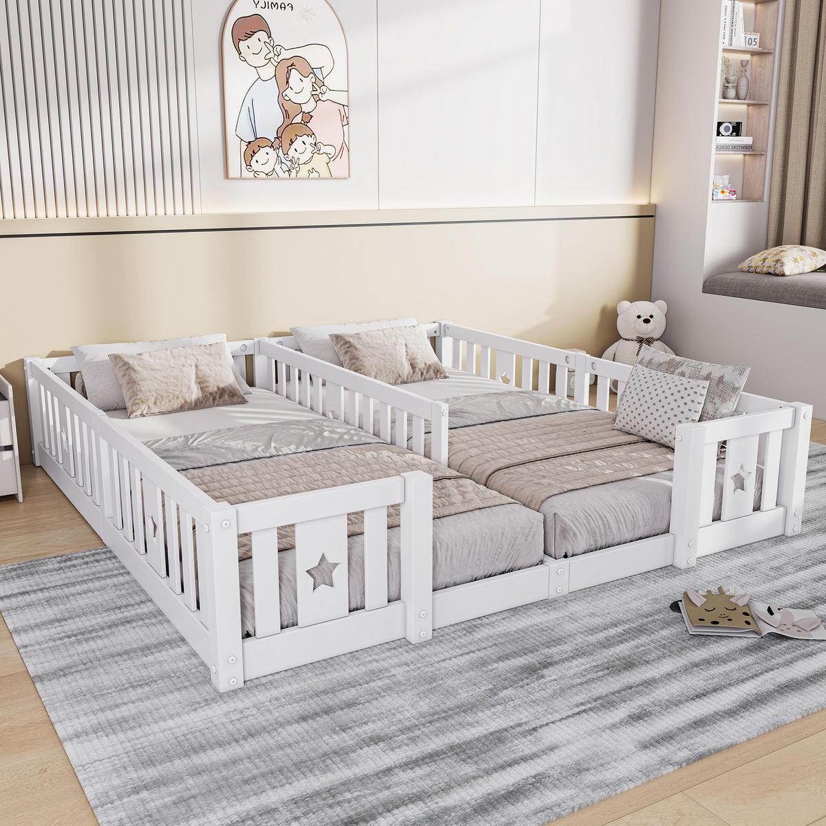 BODENBETT 90x200cm für 2 Kinder mit Rausfallschutz & Sternen-Design, weiß, mit Lattenrost - Weiß, Holz - BursDany