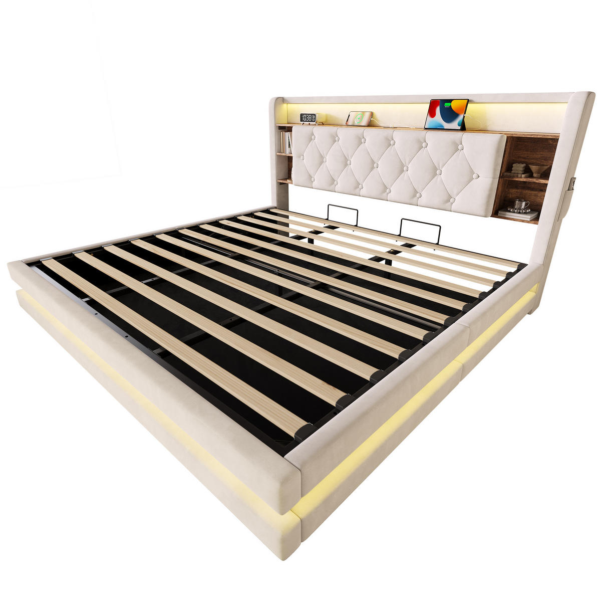 SAMETOVÁ čalouněná postel 180/200 cm s LED, USB-C a hydraulickým úložným prostorem, Béžová - béžová, textil (180/200cm) - Redom