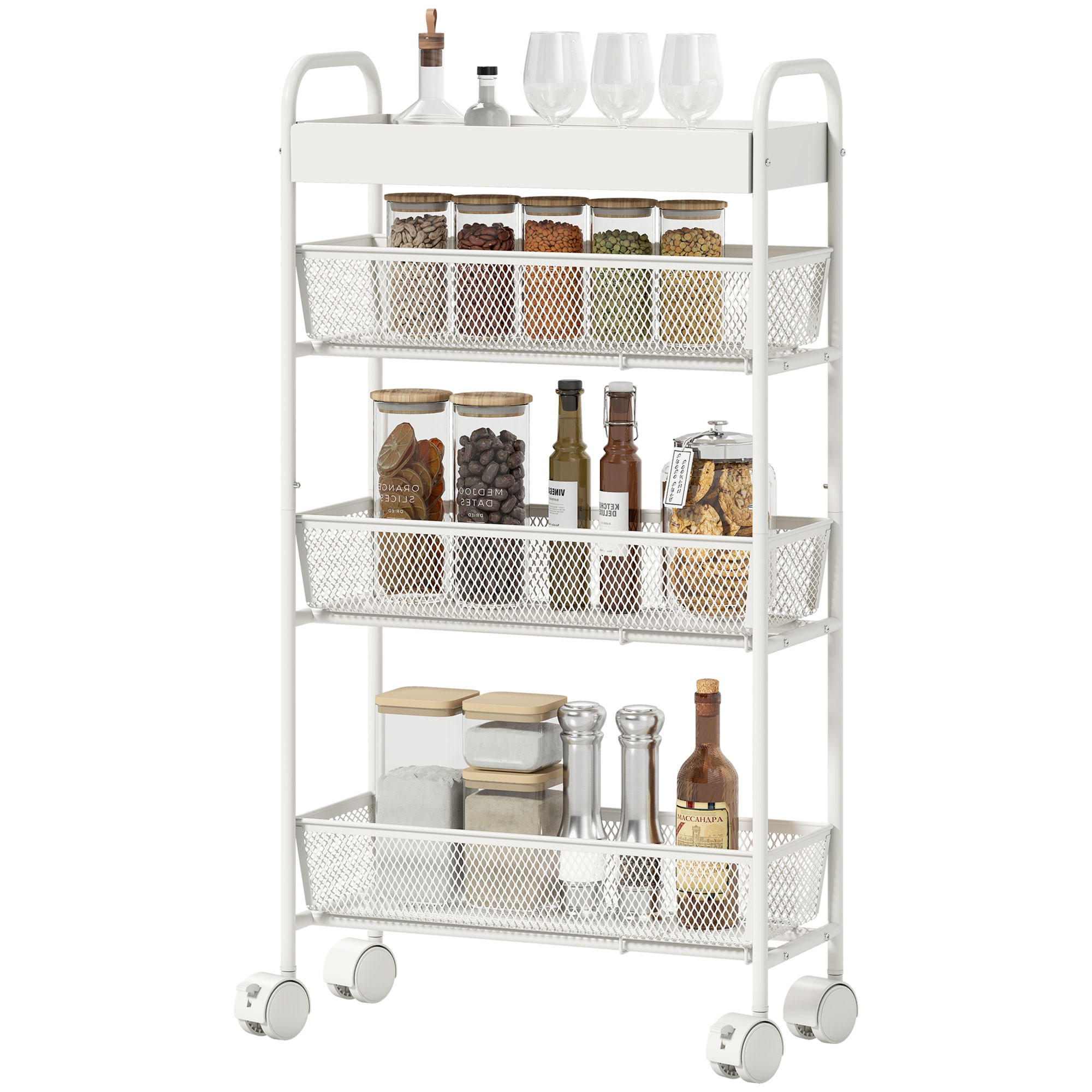KÜCHENWAGEN aus Metall, 3 Körbe, schmales Design, 4 Räder, für Küche, Wohnzimmer, Badezimmer, Weiß - Weiß, Metall (19/80/43.2cm)