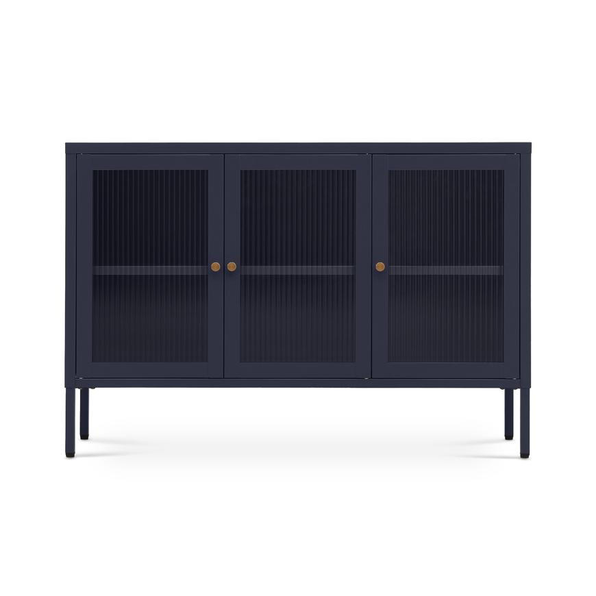 TV-LOWBOARD Industrielles aus nachtblauem Metall, 105 cm, 3 Türen aus gehärtetem Glas - CALEB - Blau, Metall (105/70/35cm) - Sicaan