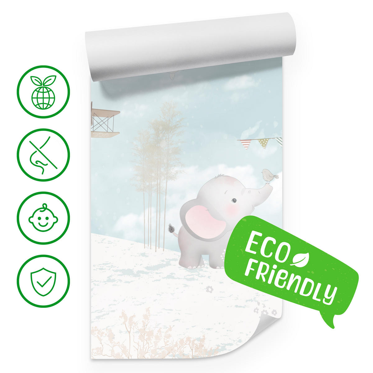 FOTOTAPETE für Kinderzimmer Boho Elefant Panda Giraffe Pflanze Flugzeug 500x350 - Multicolor, Papier (500/350cm) - Muralo