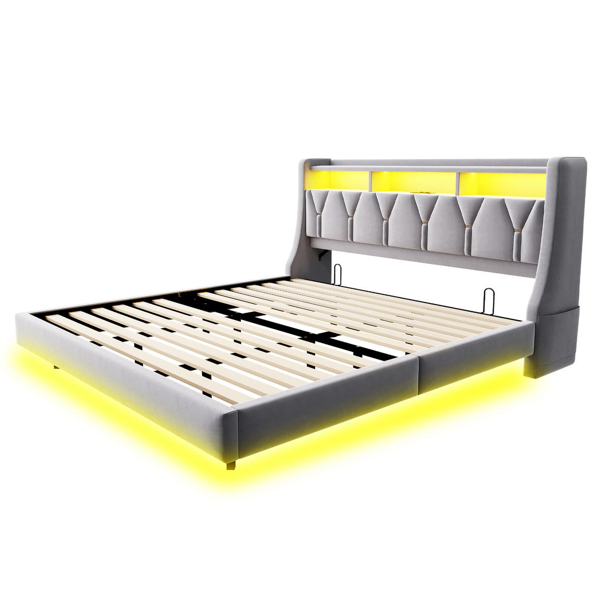 POLSTERBETT 180/200 cm mit LED, USB-/Typ-C-Anschluss, Stauraum-Kopfteil und Samtbezug, Hellgrau - Grau, Textil (180/200cm) - Redom