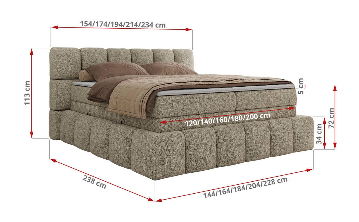 BOXSPRINGBETT NIRA KING 160/200 Dunkelbeige Strukture - H3 - Taupe, Holz/Textil (160/200cm) - MKS