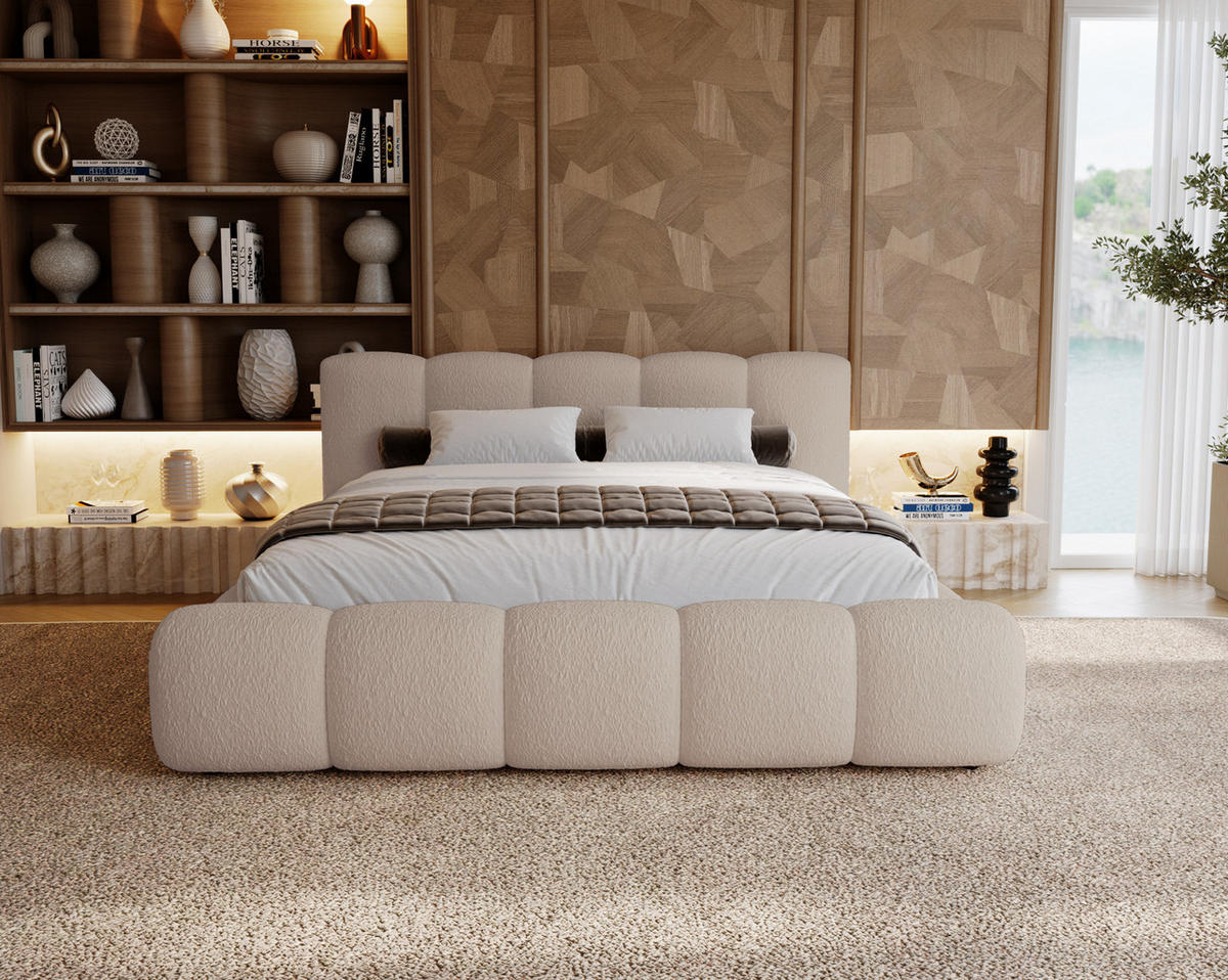 POLSTERBETT bouclé 200x200 Ravello mit Bettkasten, Lattenrost, Beige - Beige, Holz/Textil (200/200cm) - Emporius