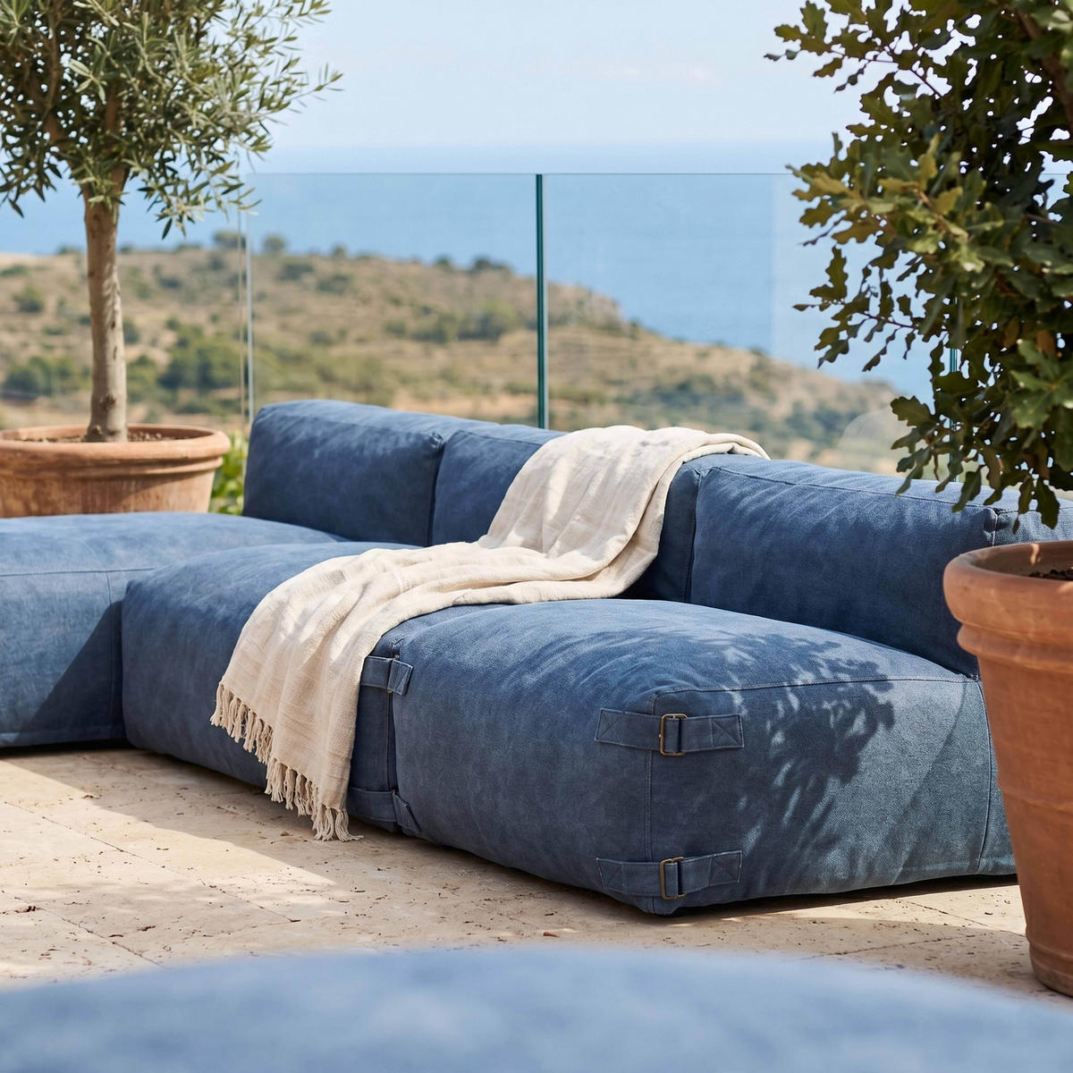 GARTENSOFA mit 4 Sitzplätzen, Pazifikblau - Blau, Textil - Oviala
