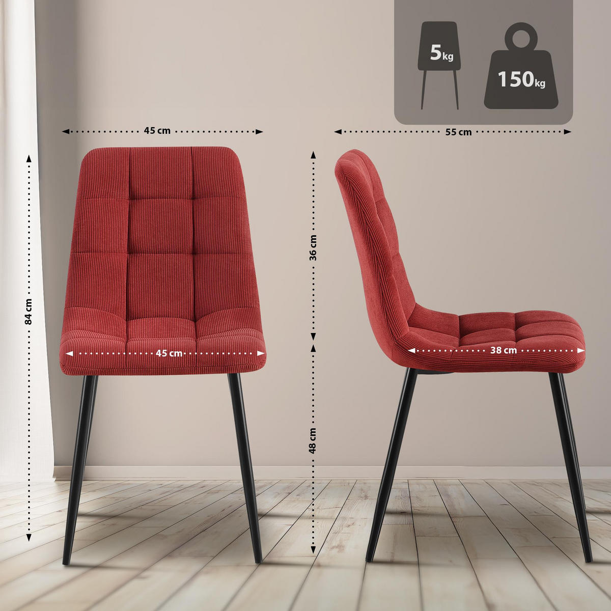 ESSZIMMERSTUHL 2er Set Fanor Cord Bordeauxrot Wohnzimmerstuhl - Weinrot, Textil (45/84/55cm) - DELUKE