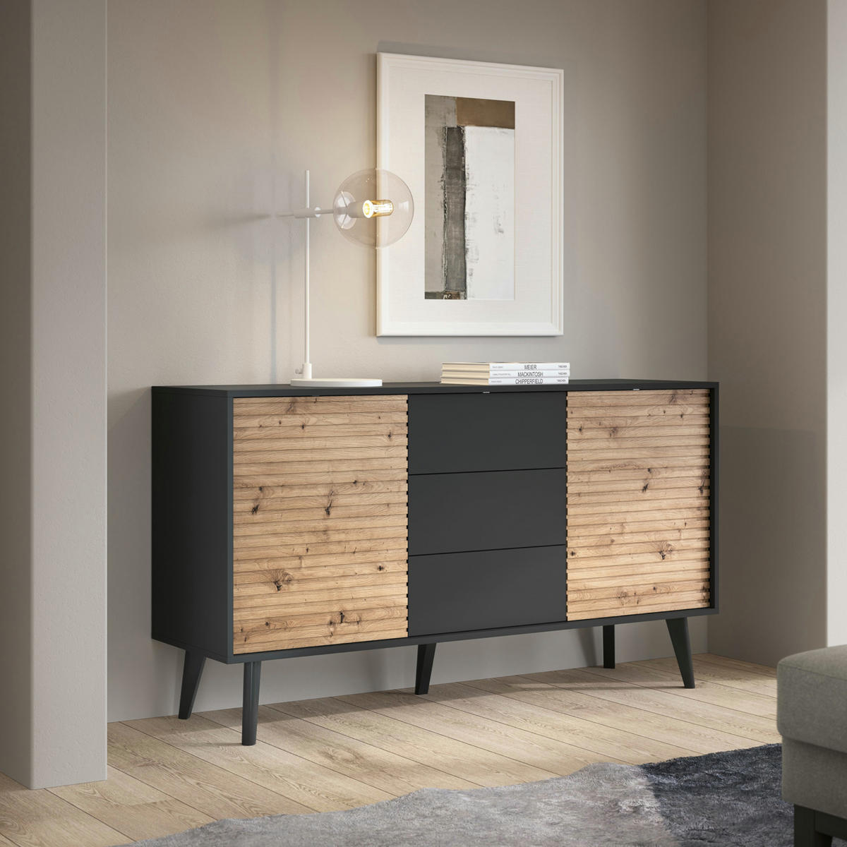 SIDEBOARD Saskatoon KSZ154 – Schwarz, Artisan-Eiche, Zweitürige - Schwarz/Eiche Artisan, Glas/Holzwerkstoff (154/83/39cm) - Komodee