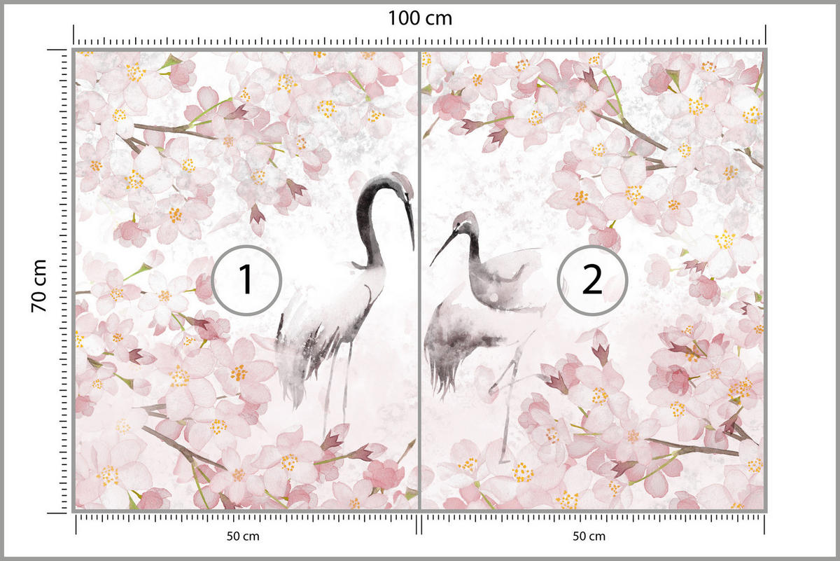 FOTOTAPETE Kraniche Kirschblüten Natur Aquarell 100x70 - Beige/Schwarz, Papier (100/70cm) - Muralo