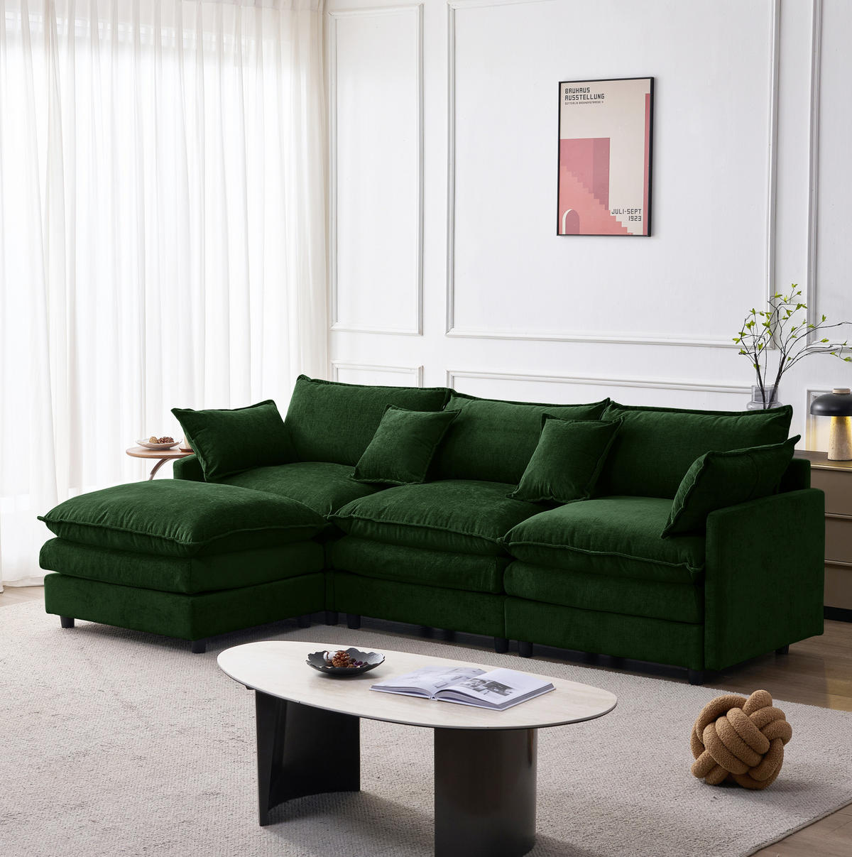 ECKSOFA 267/154/85 cm grün aus Chenille mit Hocker und modularem Design - Grün, Textil (154/267cm) - OKWISH