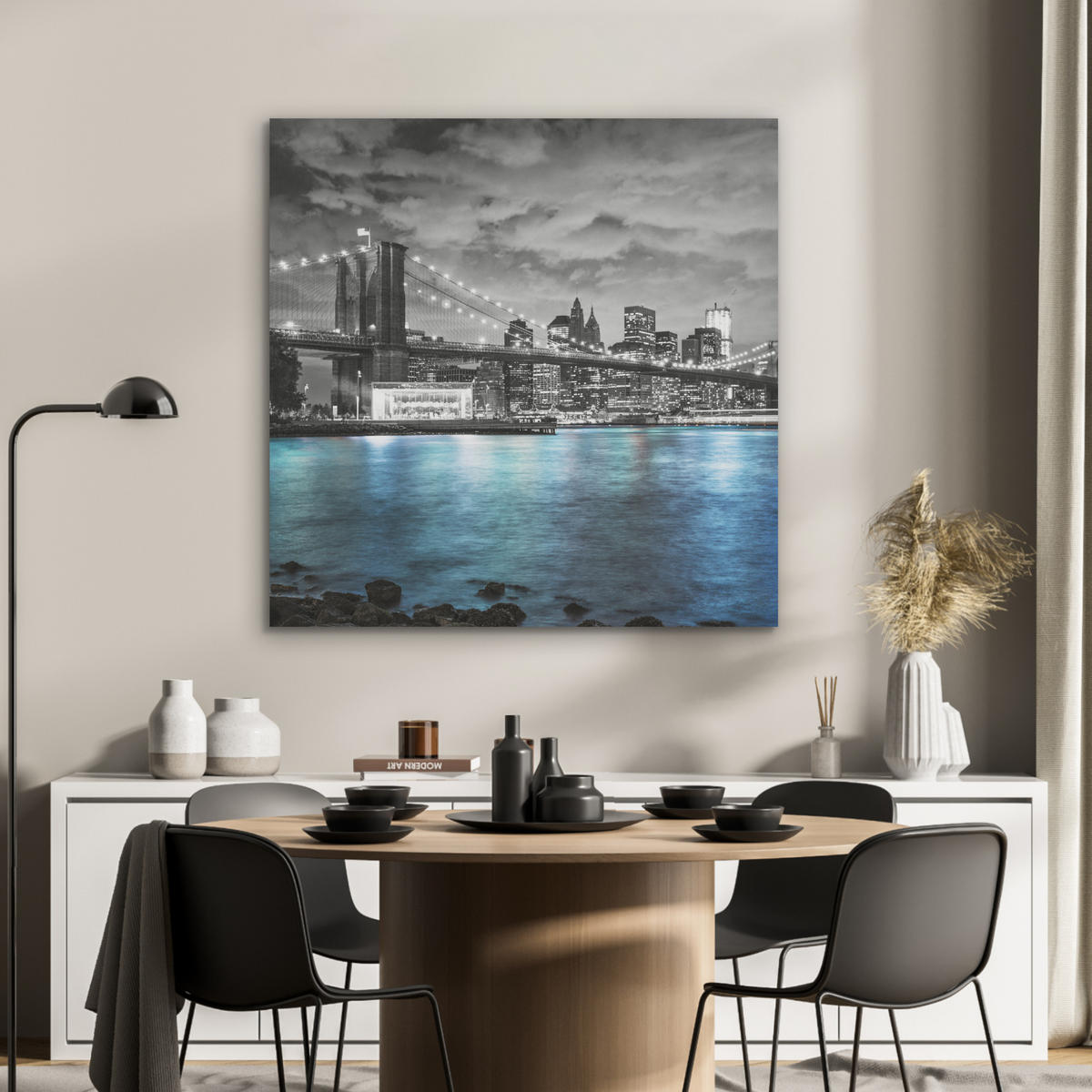 AKUSTIKPANEEL New York - Skyline - Stadt - Blau 90x90 cm - Blaugrau, Textil (90/0.9/90cm) - MuchoWow