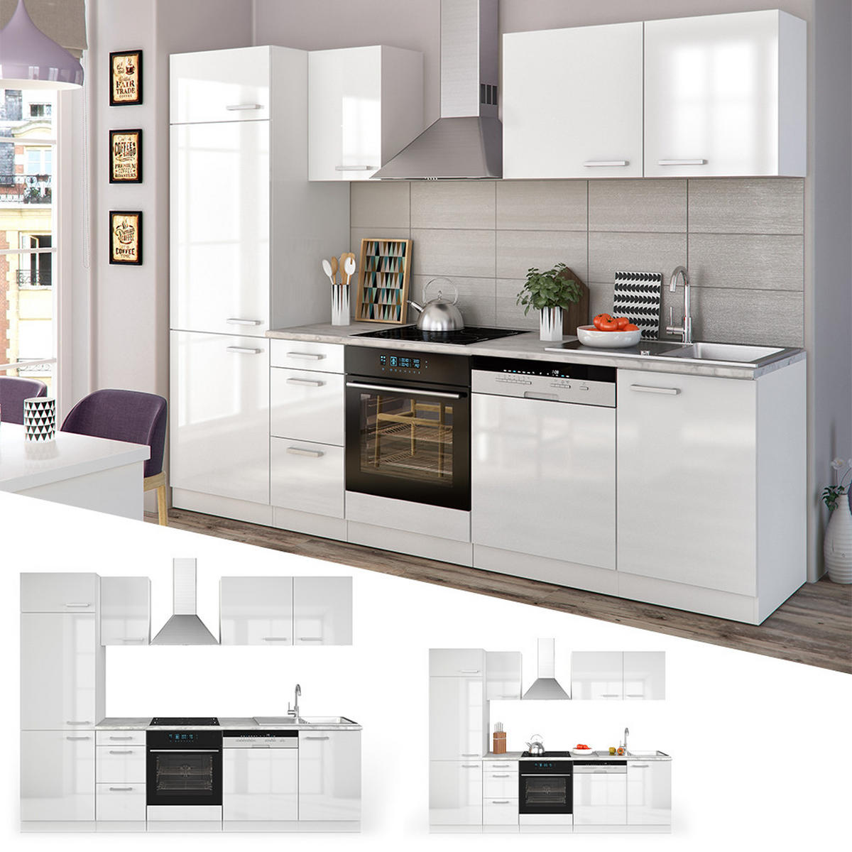 KÜCHENZEILE Optima Weiß 270 cm ohne AP mit LED-Leisten - Weiß Hochglanz/Weiß, Holzwerkstoff (270/81.6/46cm) - Vicco