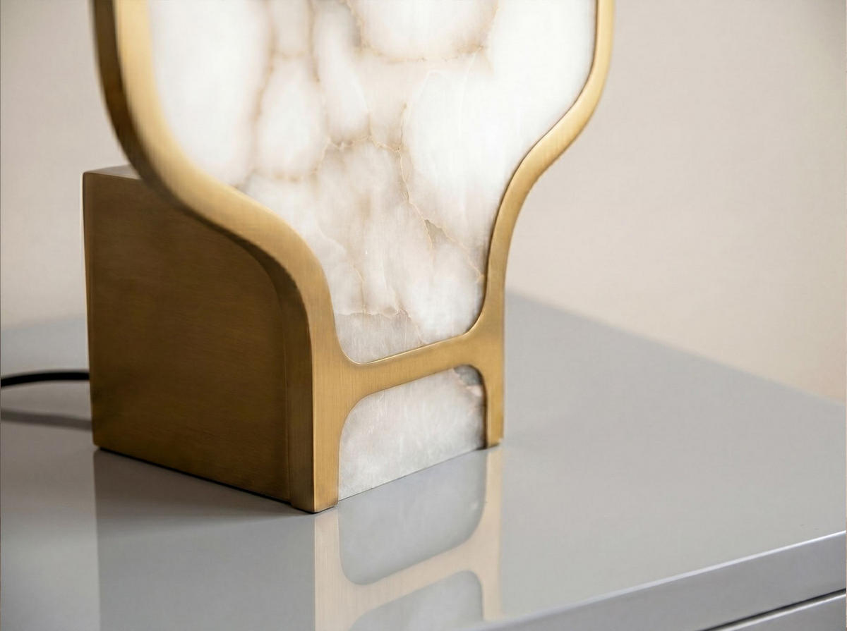 TISCHLEUCHTE aus Naturstein Alabaster und poliertem goldfarbenem Stahl 16004 cm - Weiß, Stein (10/25/43cm) - The Lumine