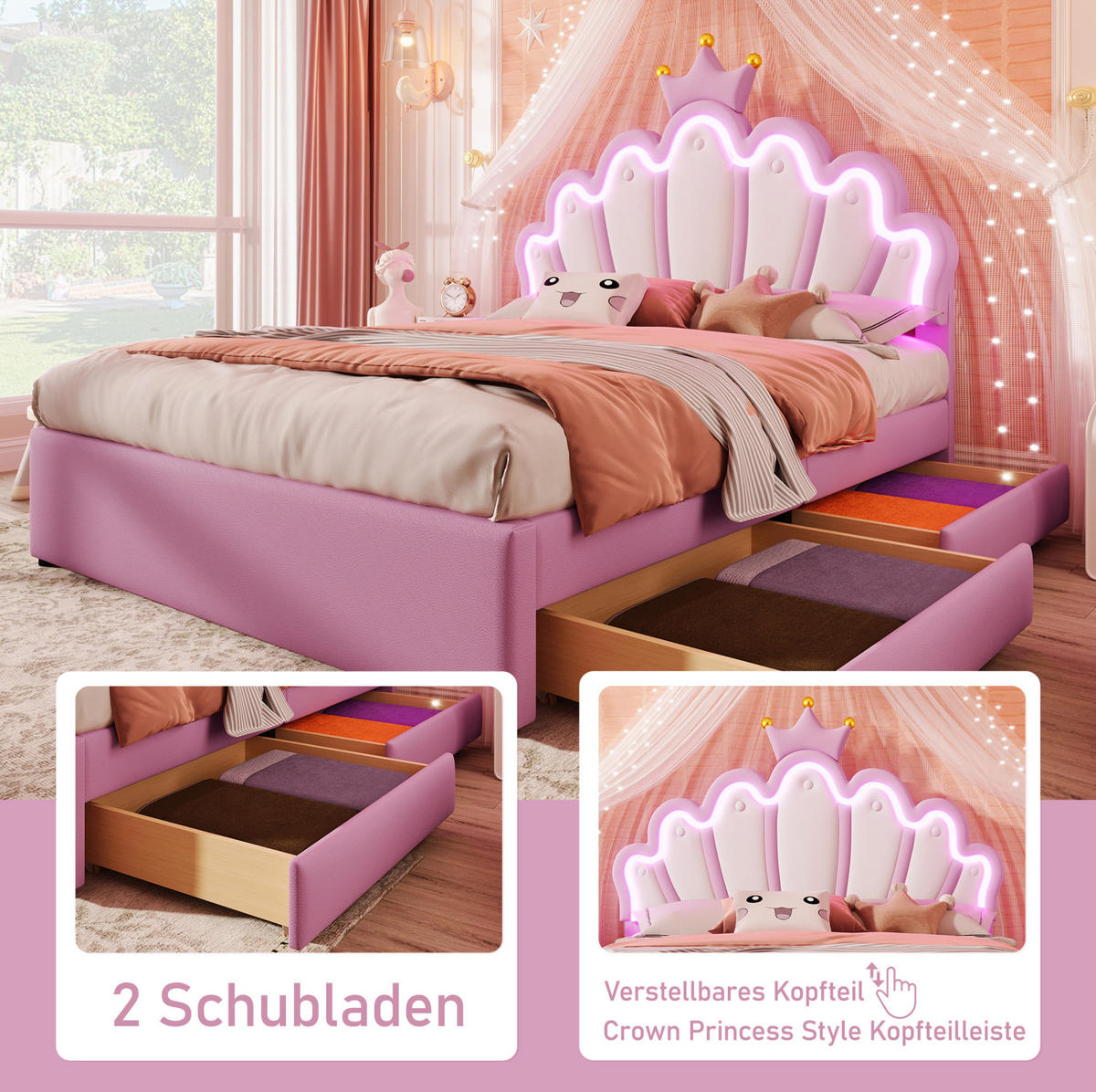 KINDERBETT 140/200 cm aus PU mit verstellbarem Kopfteil, LED-Ambientelicht und 2 Schubladen, Rosa - Rosa, Kunststoff (140/200cm) - Redom