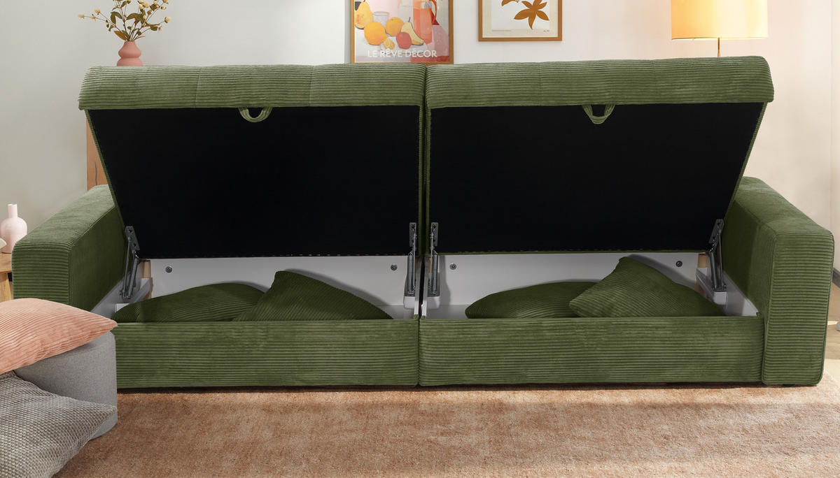 BIG-SOFA mit 2 Bettkästen, viel Stauraum, B274/T113/H84 cm, Liegefläche 103x241 cm, Cord Grün / 15262 - Grün, Kunststoff/Textil (284/84/113cm) - luma-home