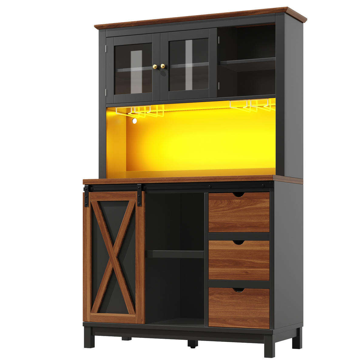 VYSOKA skrinka, 104/40/180 cm, MDF/kov/sklo černá, s LED osvětlením a posuvnými dveřmi - černá, sklo (104/180/40cm) - BEAOK