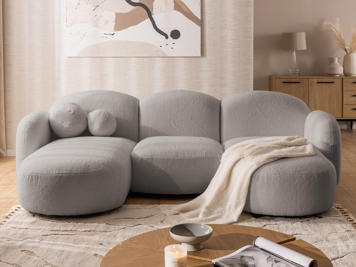 WOHNLANDSCHAFT Nuvola mit abgerundetem Design Hellgrau Bouclé-Stoff - Hellgrau/Schwarz, Holz/Kunststoff (268/80/146cm) - S-Style Möbel