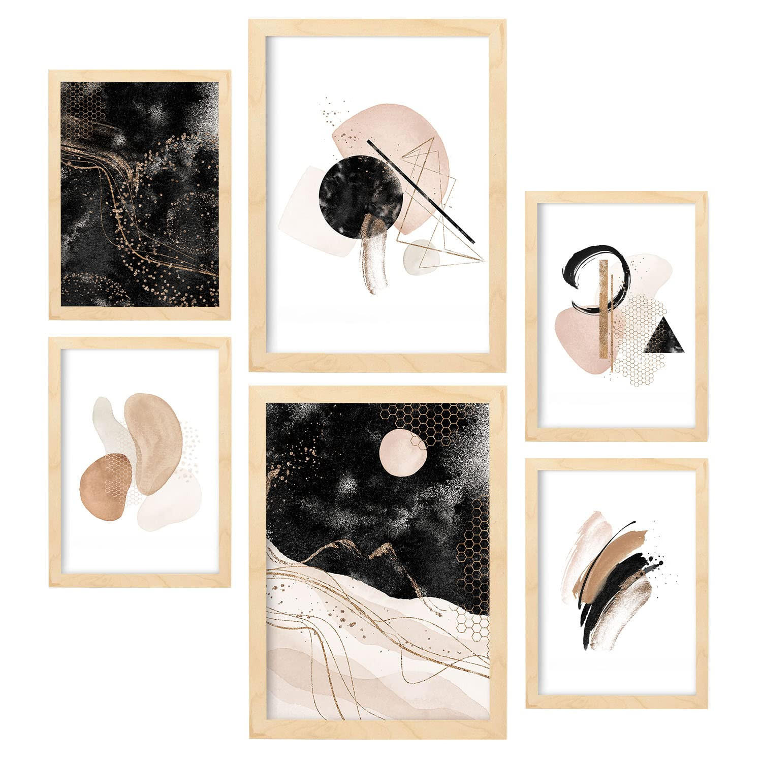 POSTER Set Mit 6 Abstrakter Traum Sammlung A3 & A4 Rahmen Aus Hellem Holz - Beige, Papier (29/3cm) - Nacnic