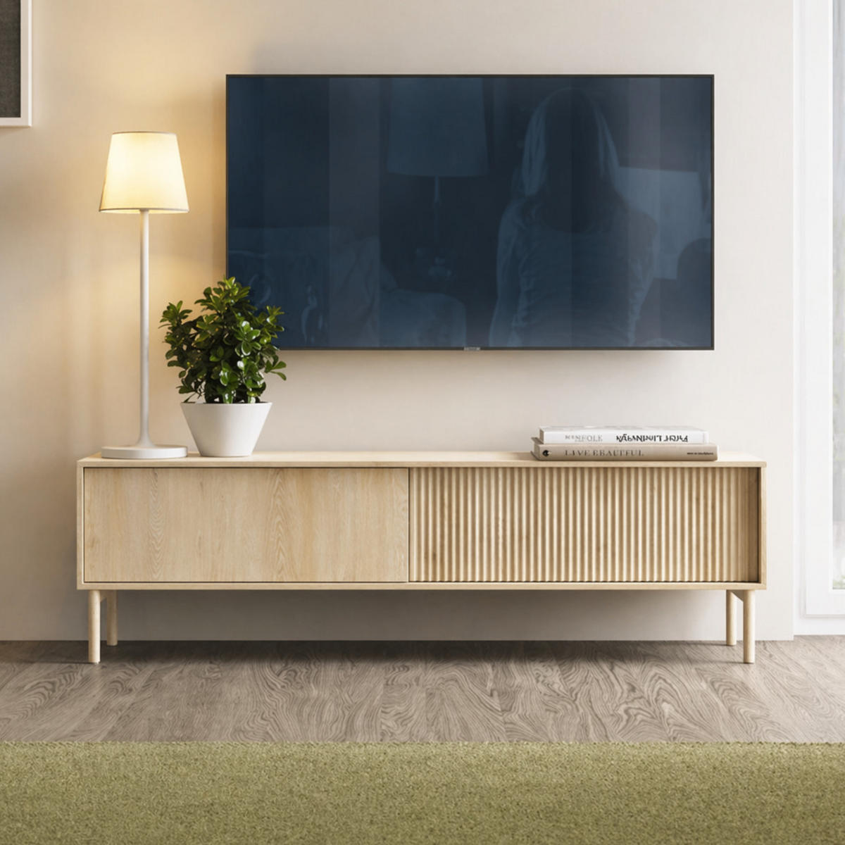 TV-LOWBOARD TAVO 187 cm Eiche Cremona - mit 2 Türen, Riffel-Fronten und Holzfüßen - Eichefarben, Holz/Holzwerkstoff (187/52/39cm) - Ravio