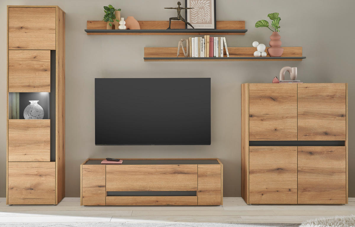 WOHNWAND Evoke Eiche, grau, Wohnkombination Set 5-teilig 350 cm - Eichefarben/Grau, Glas/Holz (350/197/45cm) - Furn.Design