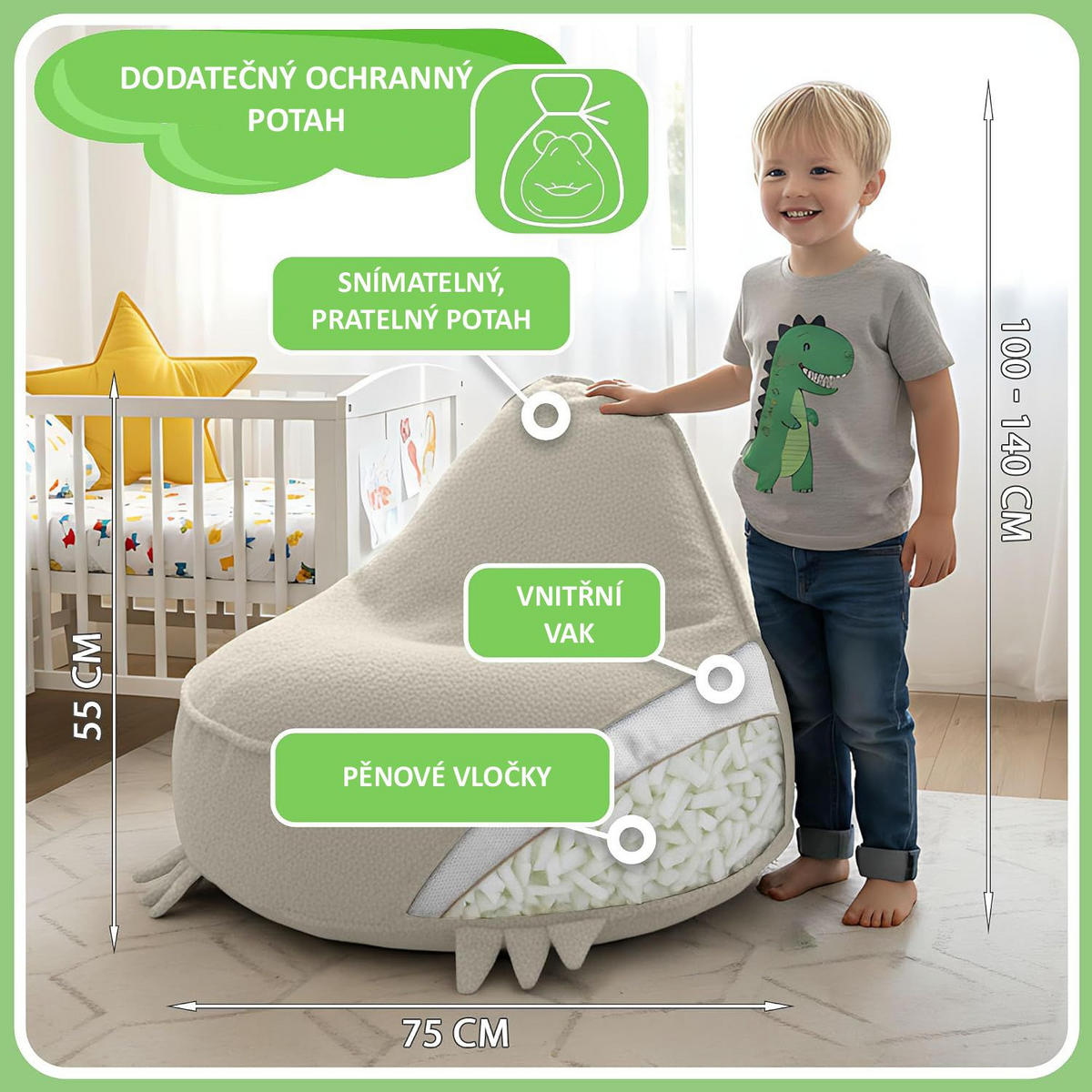 SITZSACK FÜR KINDER Dino 75/75/55 cm, weicher Bouclé 315 g/m², abnehmbarer Bezug, Lamb Cloud - Creme, Textil (75/55/75cm) - Dreamroots