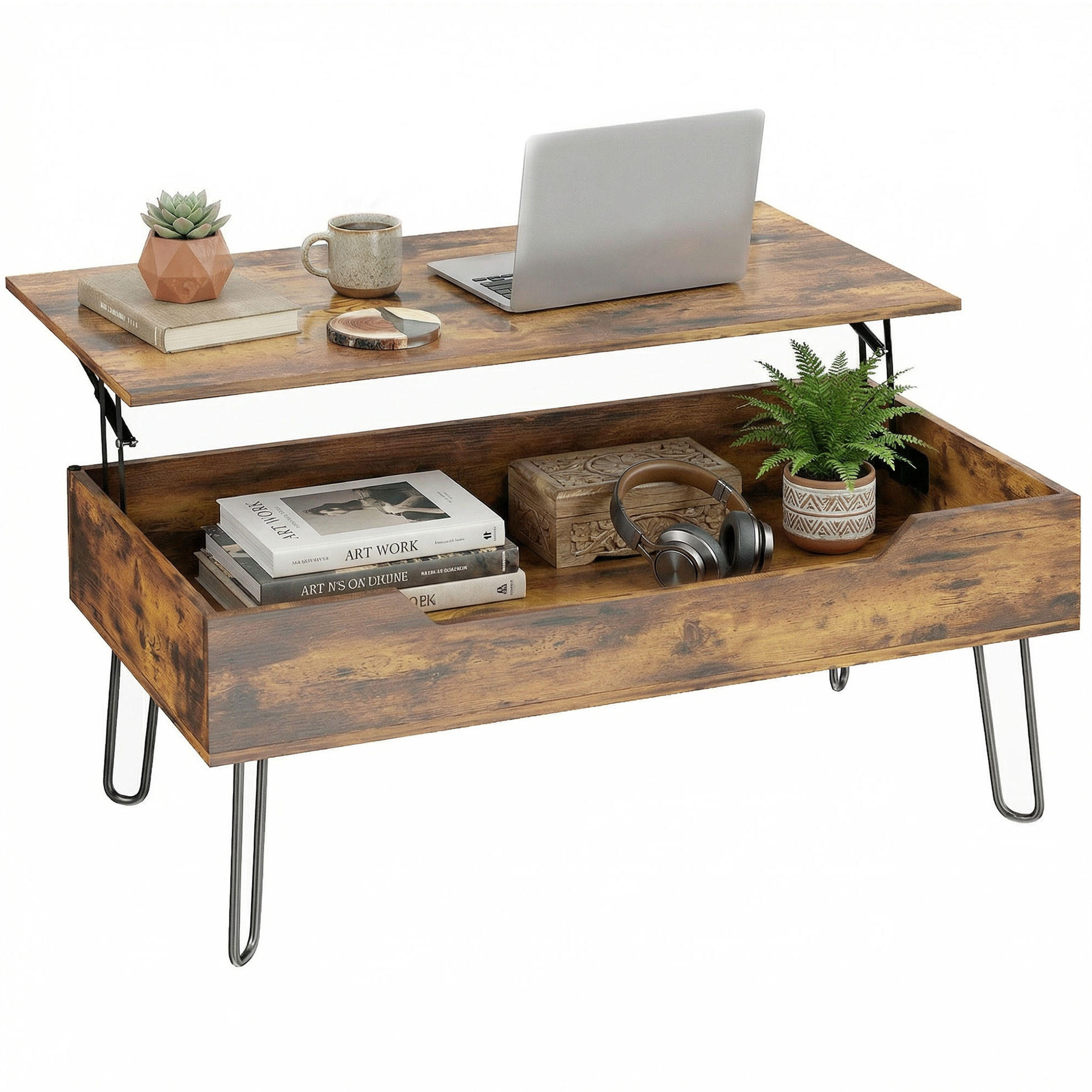 COUCHTISCH DE-15845 höhenverstellbare Platte Rustikales Braun - Braun, Holzwerkstoff (95/50/40cm) - ComfortXL