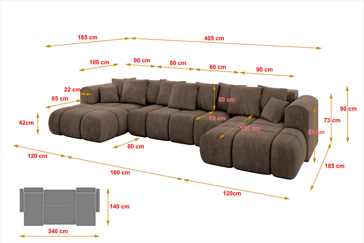 WOHNLANDSCHAFT CLOUD-U-v1 405x185x90 Braun Velours - Braun, Holzwerkstoff/Kunststoff (405/90/185cm) - ALTDECOR