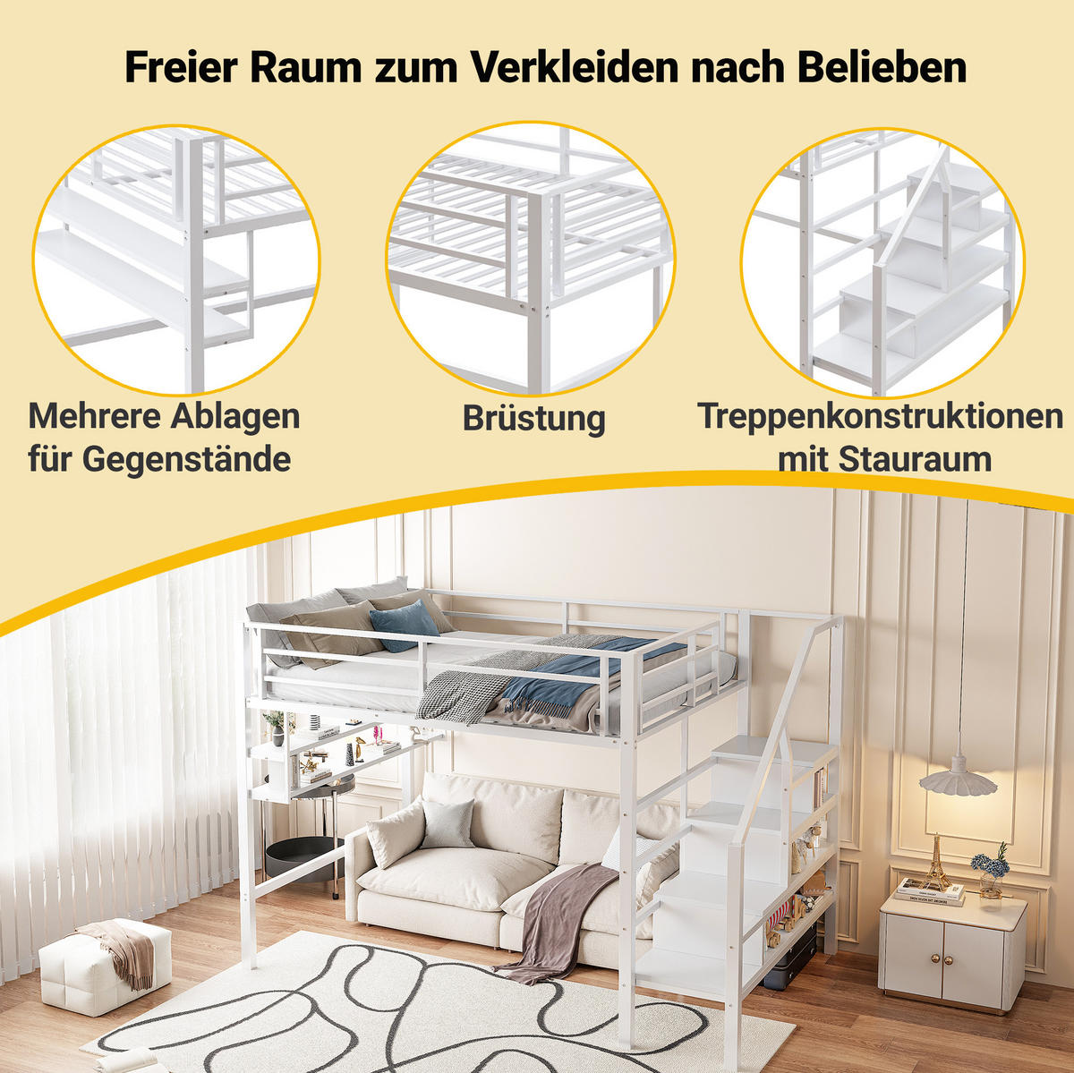 HOCHBETT 140/200 cm in Weiß – mit Stauraumleiter und Regalfächern - Weiß, Metall (140/200cm) - BEAOK