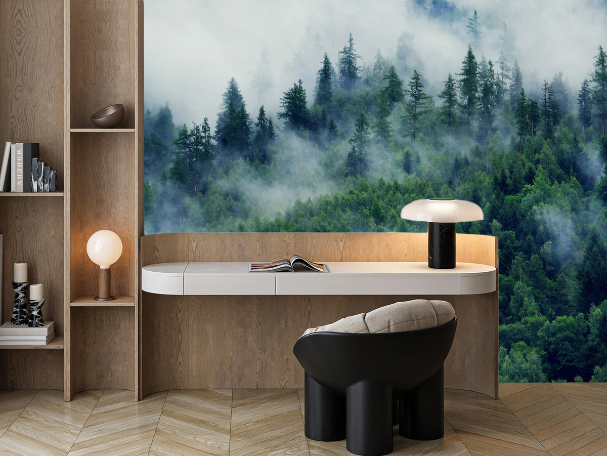 FOTOTAPETE Wald im Nebel Natur Landschaft 3D 100x70 - Grau/Grün, Papier (100/70cm) - Muralo