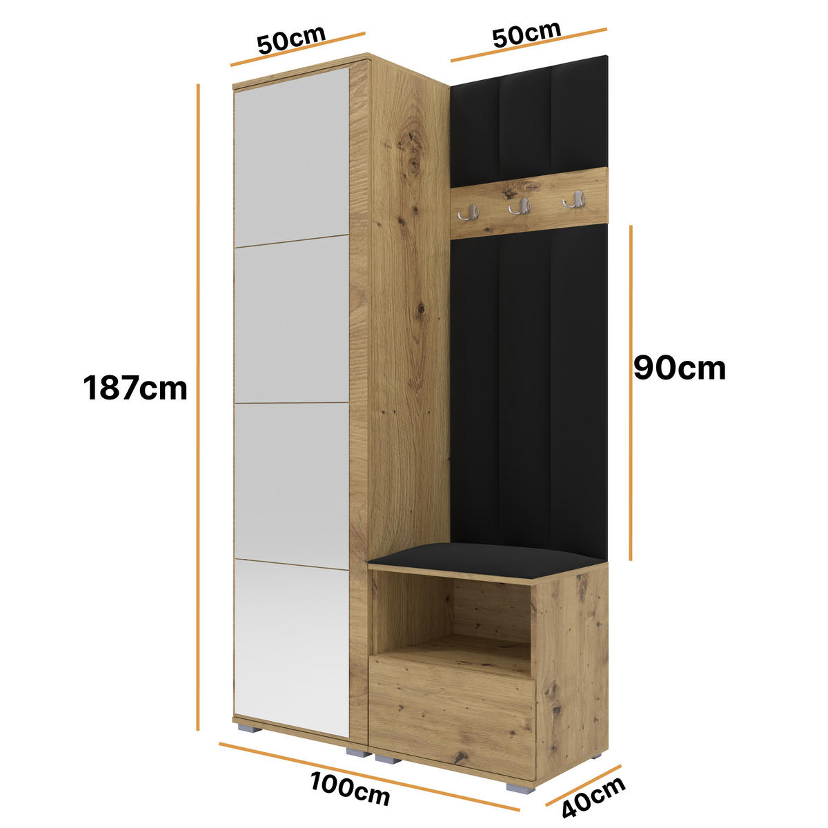 GEPOLSTERT Garderoben-Set Nela I LUX (Spiegel – Farbe Eiche Artisan + Stoff Trinity 16) - Silberfarben/Schwarz, Holz/Holzwerkstoff (100/187/40cm) - Ravio