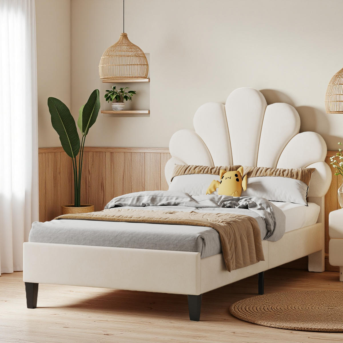 KINDERBETT 90x200 cm Blumen Kopfteil Lattenrost Samt beige - Beige, Holz (90/200cm) - LEBENLANG