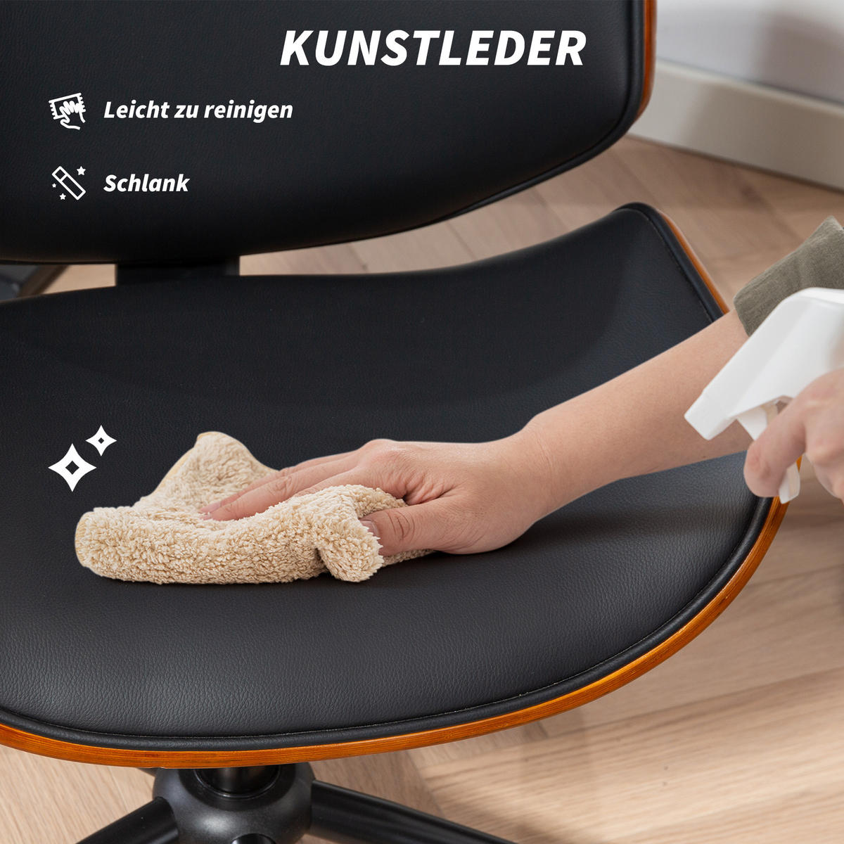 HOMEOFFICE Stuhl aus Kunstleder höhenverstellbar Drehstuhl bis 135 kg belastbar 52 x 54 x 74-84 cm Schwarz+Walnussbraun - Schwarz, Leder (52/84/54cm)