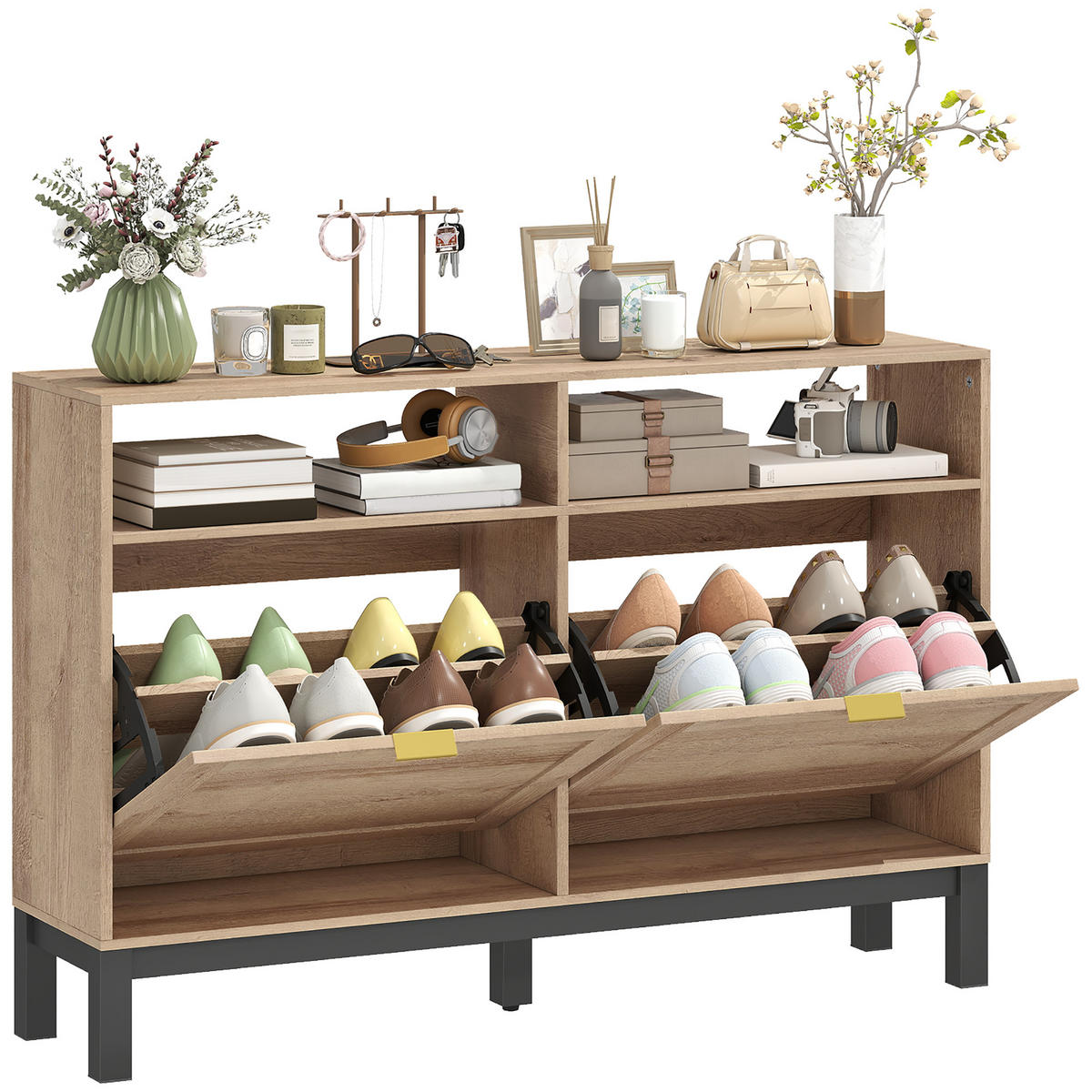 SCHUHREGAL,2 Klapptüren verstellbare Böden für 8 Paar,walnussfarben - Braun, Holzwerkstoff (120/80/29cm) - Vallsero