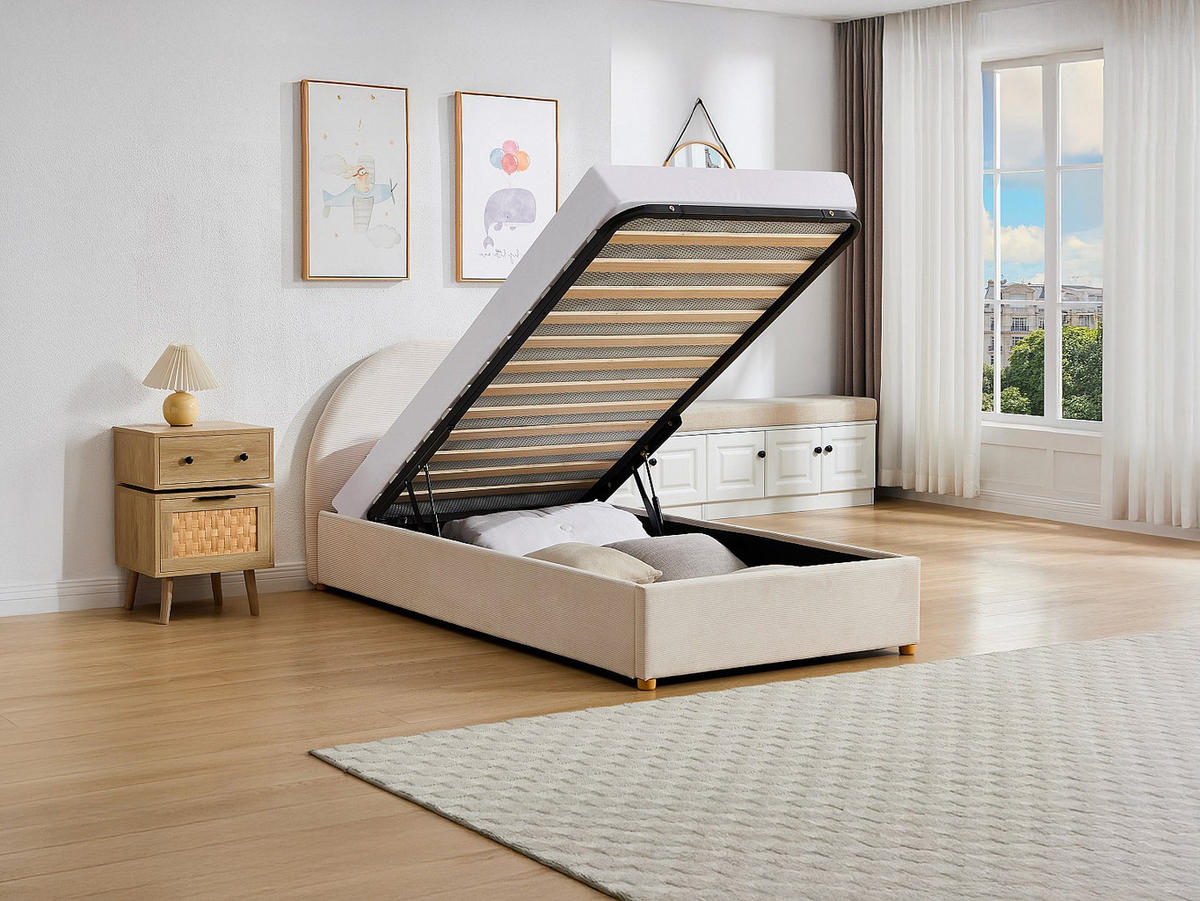 BETT mit Bettkasten - 1 Person - Stoff, Samt - Beige - Beige, Textil (90/190cm) - Vente-Unique