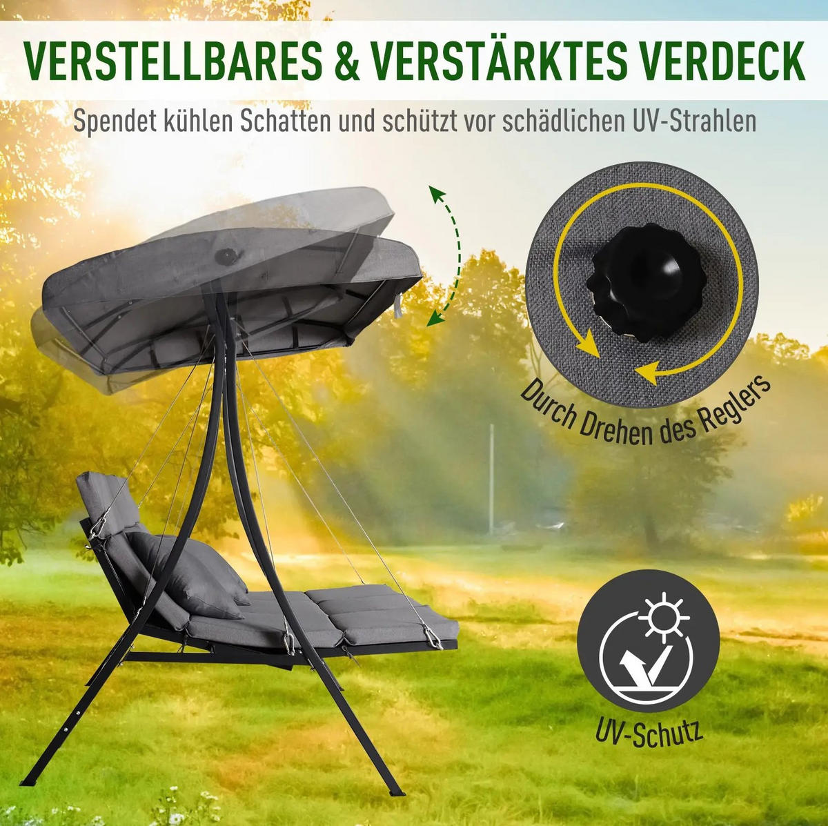 HOLLYWOODSCHAUKEL aus Metall in Grau mit verstellbarem Sonnendach - Grau, Metall (200/168/115cm) - Modfu