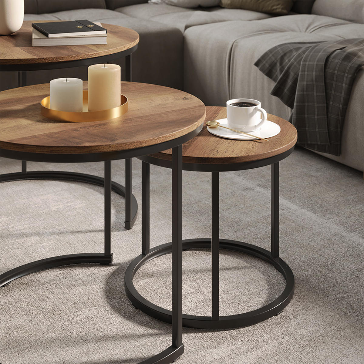 COUCHTISCH-SET Montreal Holz 55 x 55 cm 3 Teile - Schwarz/Naturfarben, Holzwerkstoff (55/55/44.5cm) - Vicco