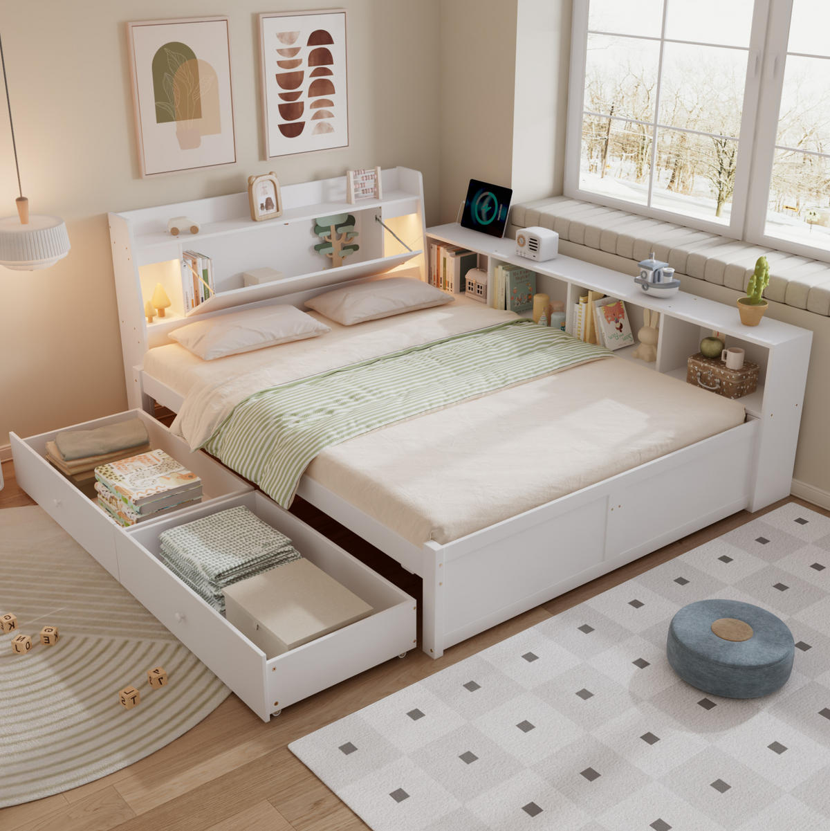 MANŽELSKÁ posteľ 140/200 cm biela s úložným čelom, osvetlením a nabíjacou zásuvkou z masívu a MDF - biela, drevo (140/200cm) - OKWISH