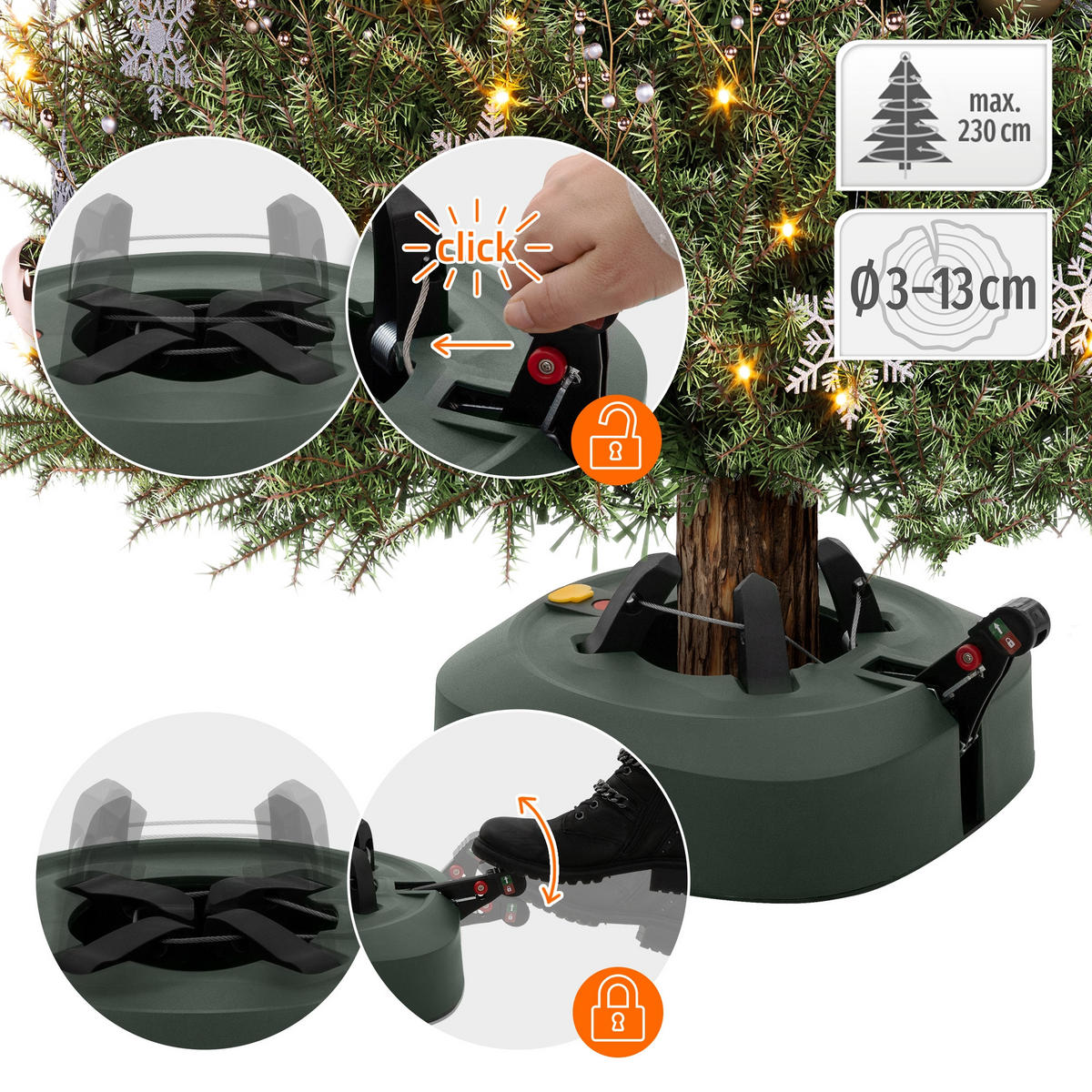 STOJAN NA VÁNOČNÍ STROMČEK s nádržkou na vodu, nožním pedálem a lanovým upevněním – zelený, 32 cm, pro stromky do výšky 230 cm - zelená barva, plast (36/14.5/32cm) - ECD-Germany