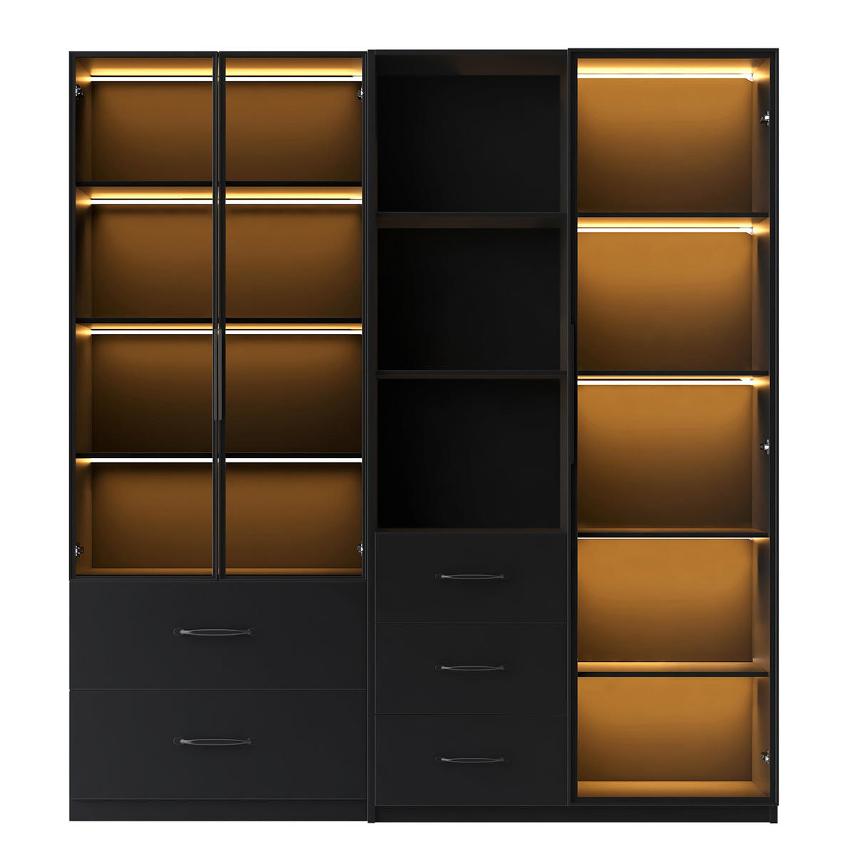 VITRINE 140cm Glas LED Bücherregal multifunktional modern - Schwarz, Holzwerkstoff (140/160/40cm) - FLIEKS