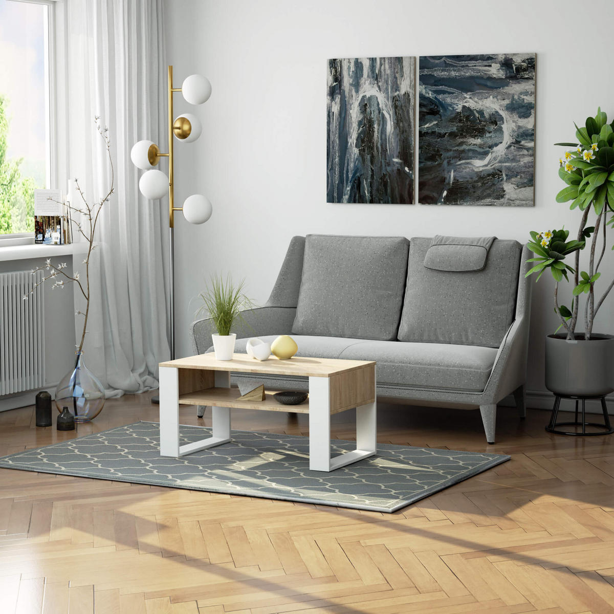 COUCHTISCH Rechteckig Sonoma Eiche - Weiß 92/45/50 cm - Weiß/Sonoma Eiche, Holzwerkstoff (50/92/45cm) - designimpex