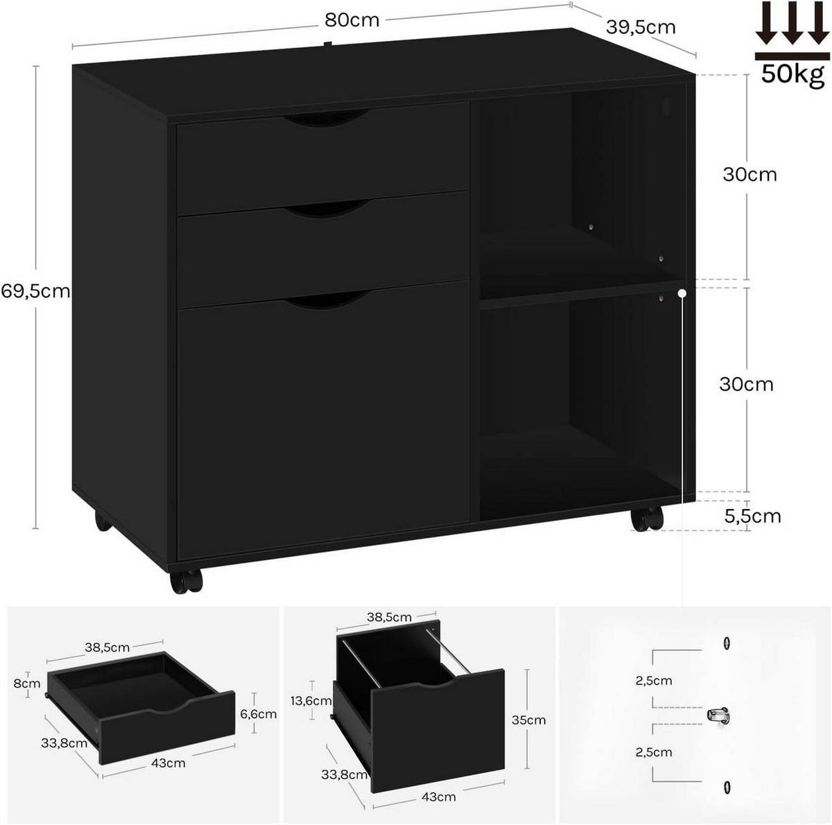 ROLLCONTAINER mit 3 Schubladen,5 Rollen, Schwarz - Schwarz, Holzwerkstoff (80/69.5/39.5cm) - Woltu