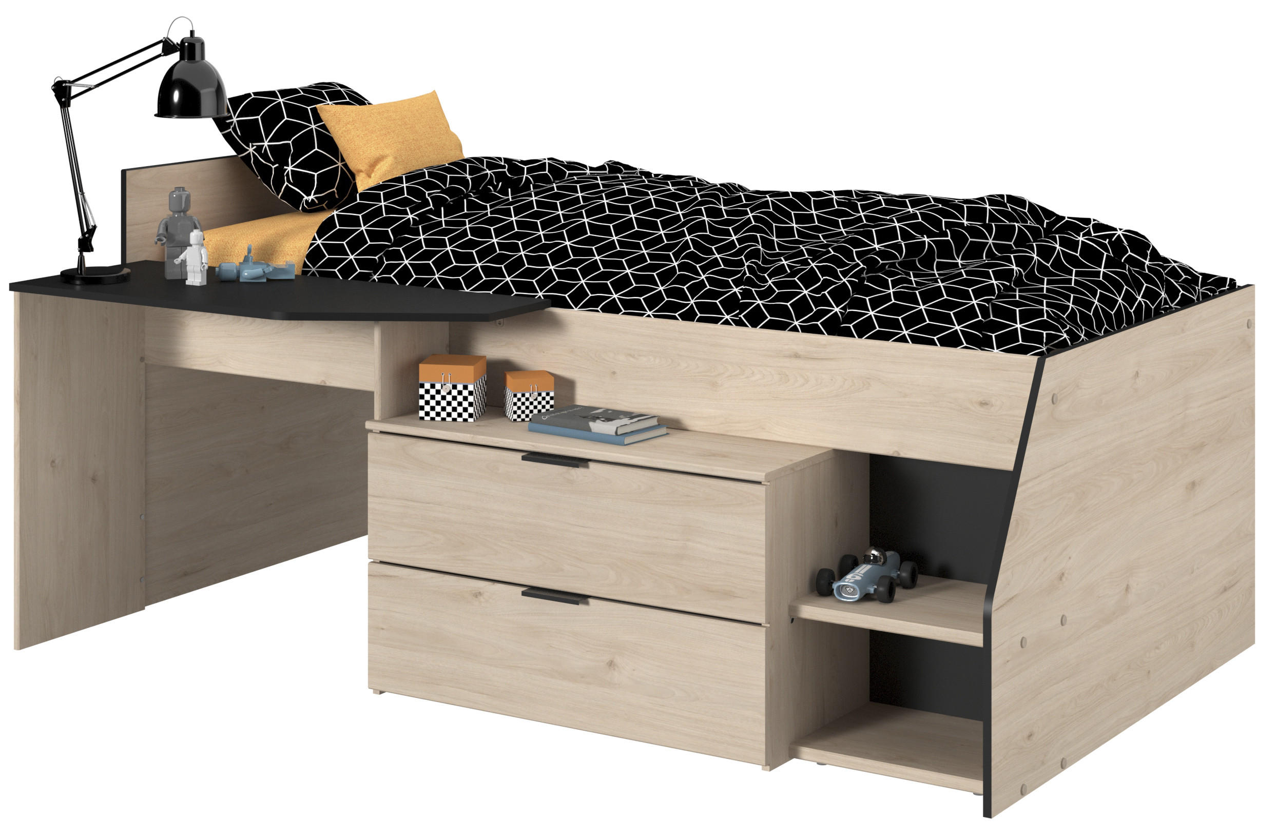 HOCHBETT Milky 2 in Schwarz- Jackson Eiche 90 x 200 cm mit Lattenrost und Matratze - Eichefarben/Schwarz, Holz (90/200cm) - Parisot Meuble
