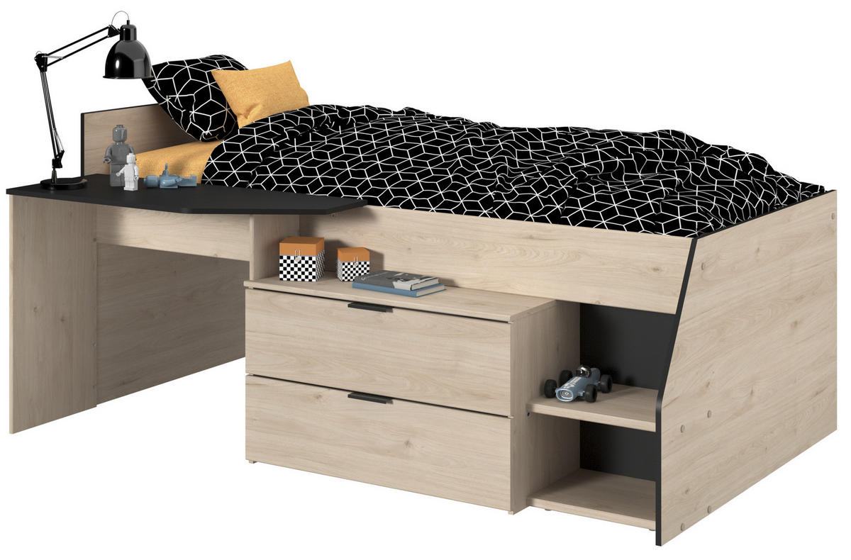 HOCHBETT Milky 2 in Schwarz- Jackson Eiche 90 x 200 cm mit Lattenrost und Matratze - Eichefarben/Schwarz, Holz (90/200cm) - Parisot Meuble