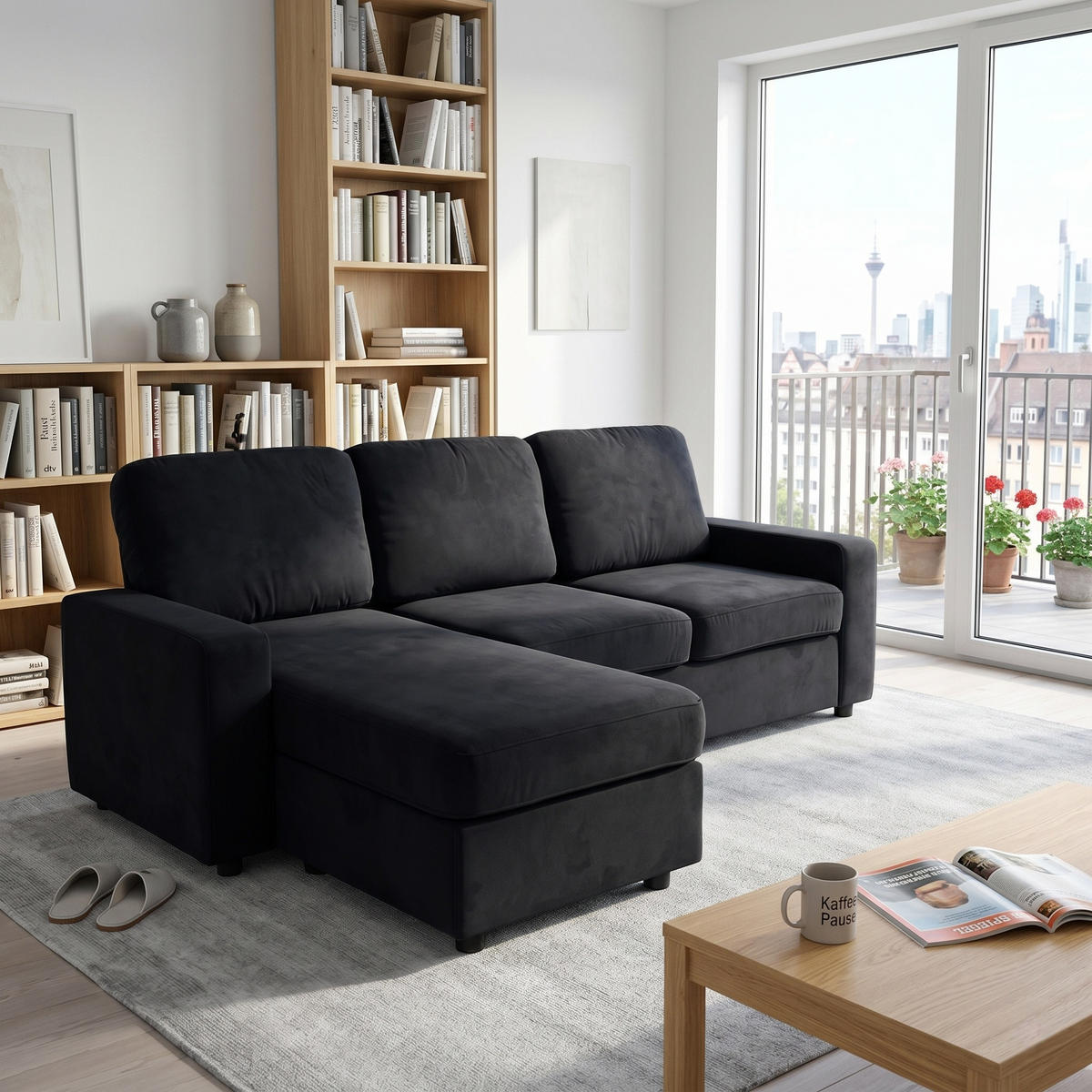 ECKSOFA Polyester Schwarz mit Stauraum - Schwarz, Holzwerkstoff/Textil (245.5/150.5cm) - WISHDOR