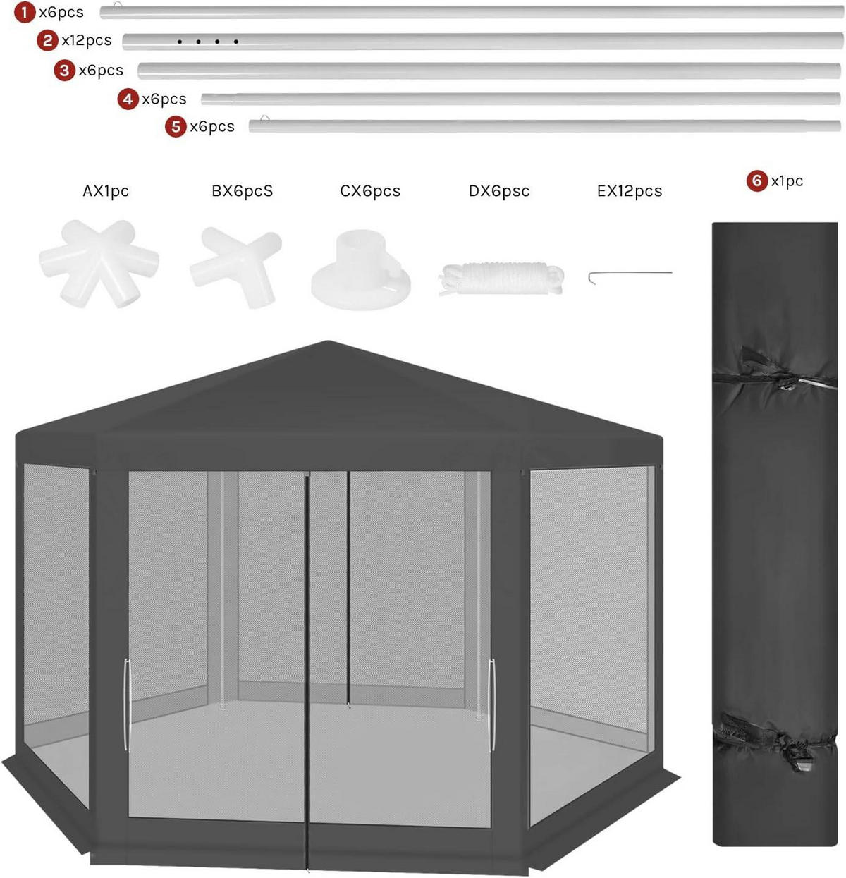 PAVILLON 3,8x3,3 m seckeckig, Gartenpavillon mit Seitenwänden Moskitonetz - Grau, Metall (380/250/330cm) - Woltu